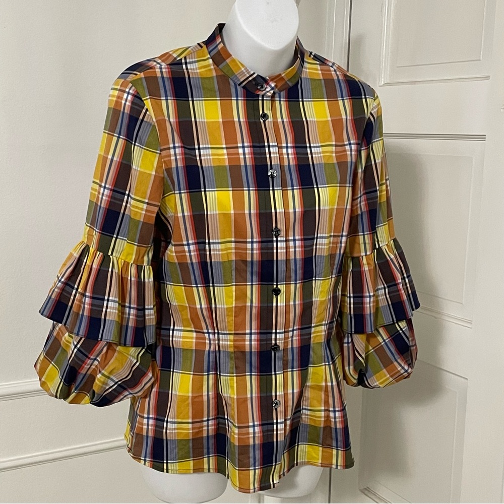 Adria Moss plaid button-down shirt with ruffled‎ sleeves